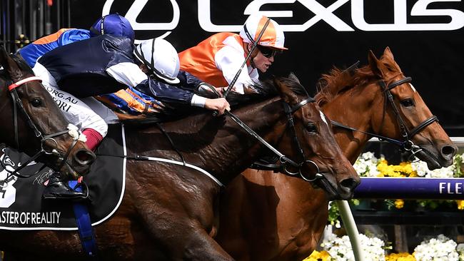 Vow And Declare kicked back along the rails to score a dramatic win in the Melbourne Cup. Picture: AFP