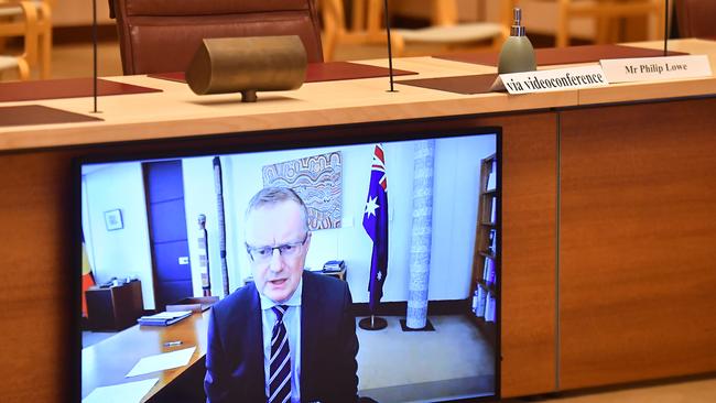 Reserve Bank of Australia Governor Philip Lowe appears by audio visual link at the Senate Inquiry into COVID-19 at Parliament House in Canberra. Picture: AAP