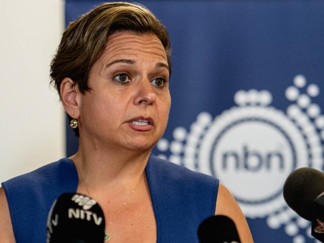 Finance Minister Katy Gallagher and Communications Minister Michelle Rowland speaking in Darwin as 18 initial sites are confirmed for WiFi to be connected in remote First Nations communities across the country. Picture: Pema Tamang Pakhrin