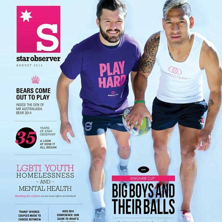 Israel Folau helps promote a gay rugby tournament in 2014.