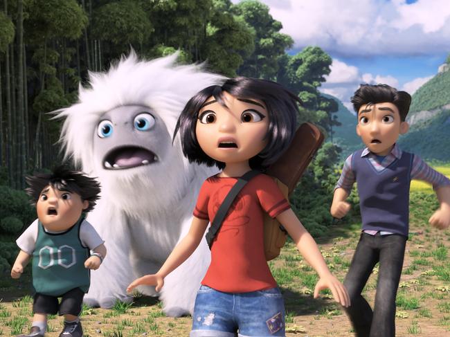 From left, Peng (Albert Tsai), Everest the yeti, Yi (Chloe Bennet) and Jin (Tenzing Norgay Trainor) in Abominable.