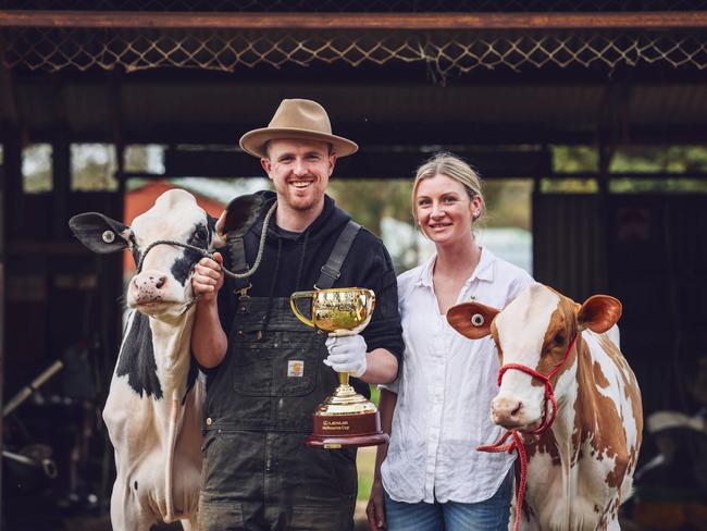 Nathalia Agricultural Society president Dylan Morris and Jamie Kah with the Lexus Melbourne Cup trophy at the Nathalia Agricultural Show. Picture: Nicole Cleary