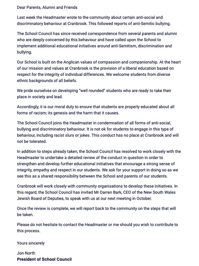 The full letter sent from Cranbrook School Council President Jon North to the school community. Picture: Supplied