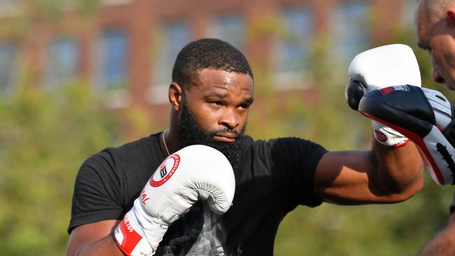 Tyron Woodley spars with his trainer during a media workout at Cleveland Public Square this week. Picture: Getty Images