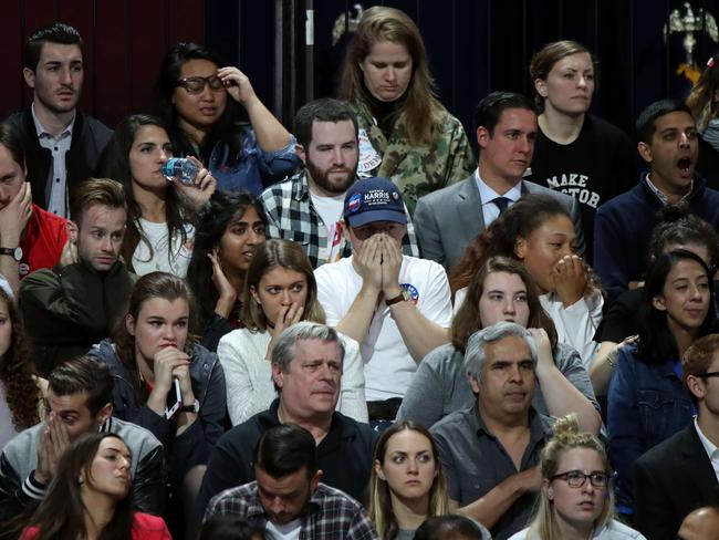 People watch results come in at Hillary Clinton's election night event at the Jacob K. Javits Convention Center in New York City. Picture: Drew Angerer/Getty Images/AFP