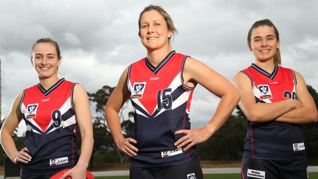 Darebin Falcons Molly Eastman, Annalyse Lister and Maddy Guerin have a secure future thanks to a $300,000 partnership with Darebin Council. Picture: Hamish Blair