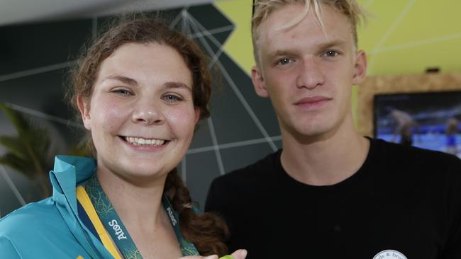 Australian Shooter and gold medalist Catherine Skinner meets Australian pop star Cody Simpson at The Edge. Picture: Cameron Tandy