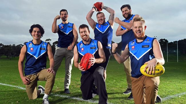 Flinders University president Dean Schofield (front, middle) with players Riley Perry, Rhett Perry, Brayden Lane, David Moyle and Jordan Marsden after the Crab’s drought-breaking A grade win. Picture: Tom Huntley