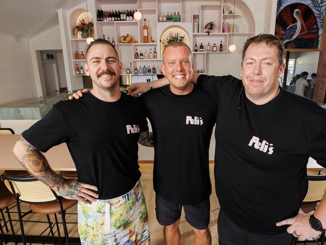 Jeremiah Jones, Matt Sinclair and Mo Rickard at their new restaurant PeliÃs Noosa which will open on the Noosa Marina on September 12. Picture Lachie Millard