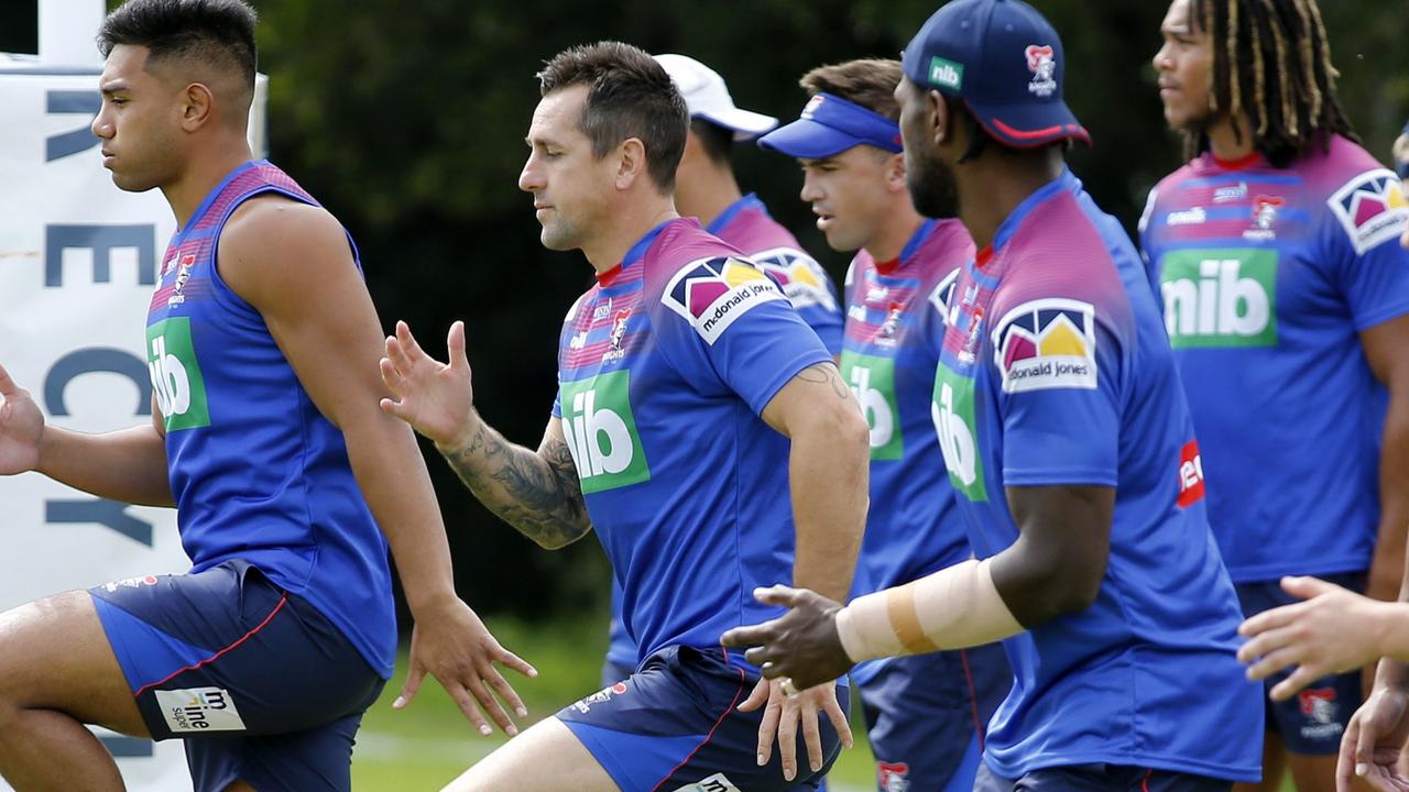 Mitchell Pearce (centre) quit the Knights captaincy.