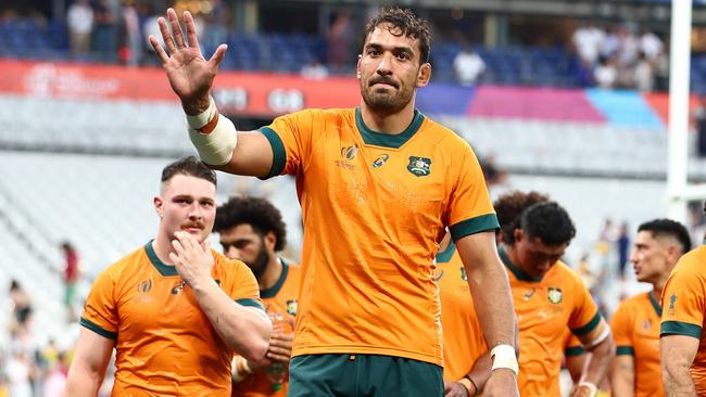 PARIS, FRANCE - SEPTEMBER 09: Richie Arnold of Australia celebrates winning the Rugby World Cup France 2023 match between Australia and Georgia at Stade de France on September 09, 2023 in Paris, France. (Photo by Chris Hyde/Getty Images)