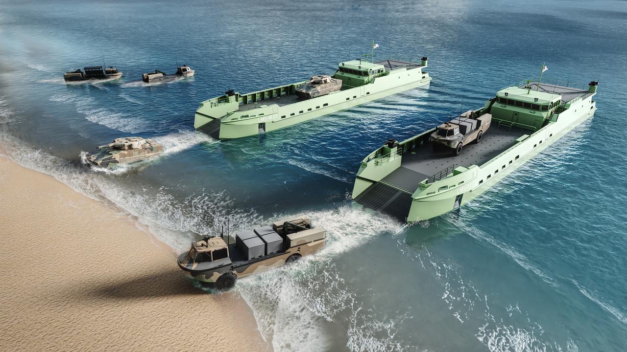 The concept image of Birdon‘s Australian Army pitched Littoral Manoeuvre Vessel – Medium (LMV-M) designed to plug a critical capability gap for long-range open water deployment of troops and combat vehicles. Picture: Supplied