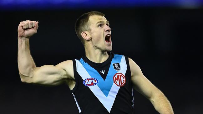 MELBOURNE, AUSTRALIA - AUGUST 20: Robbie Gray of the Power celebrates kicking a goal during the round 23 AFL match between Western Bulldogs and Port Adelaide Power at Marvel Stadium on August 20, 2021 in Melbourne, Australia. (Photo by Quinn Rooney/Getty Images)