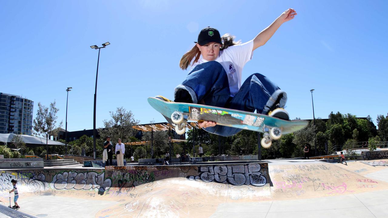 Aussie professional skateboarder Haylie Powell pictured in action at Sydney Park skate park in Erskineville. Picture: Damian Shaw