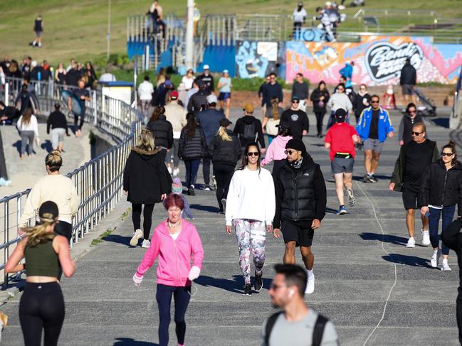 A busy Bondi Beach during lockdown in Sydney. Picture: Daily Telegraph/Gaye Gerard