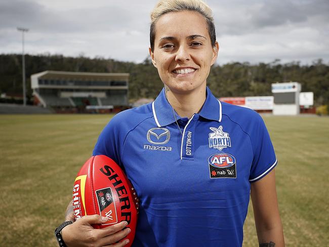 AFLW Tasmanian Kangaroos player Moana Hope at North Hobart Oval to discuss the club's Round 1 clash and the release of the AFLW fixture. Picture: RICHARD JUPE