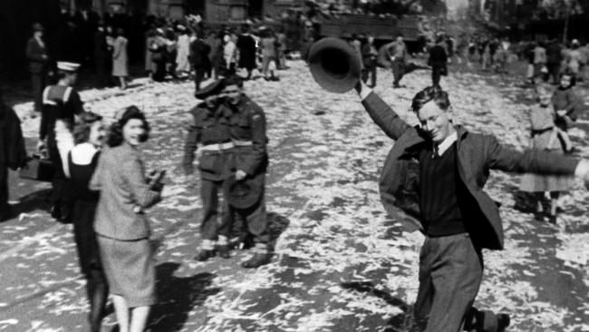 The “Dancing Man”, in Elizabeth Street, Sydney, August 15, 1945.