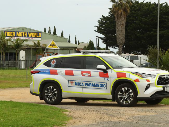 A MICA paramedic leaves Torquay Airport on Blackgate Road after an allege skydiving incident. Picture: Alison Wynd