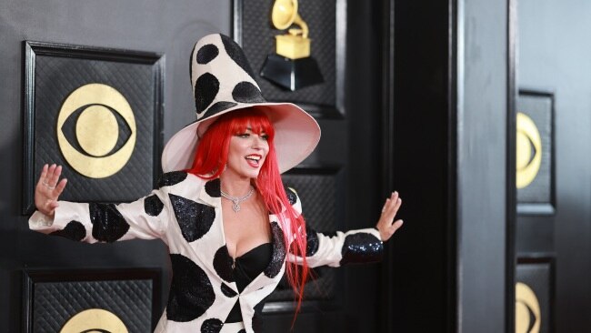 Country music icon Shania Twain channelled her inner cowgirl, arriving in a polka dot sequin suit and a matching larger-than-life hat. Picture: Matt Winkelmeyer/Getty Images for The Recording Academy