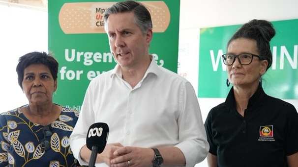 Lingiari MP Marion Scrymgour, Federal health and aged care minister Mark Butler, and Central Australian Aboriginal Congress chief executive Donna Ah Chee at the Alice Springs Urgent Care Clinic on Monday, December 16.