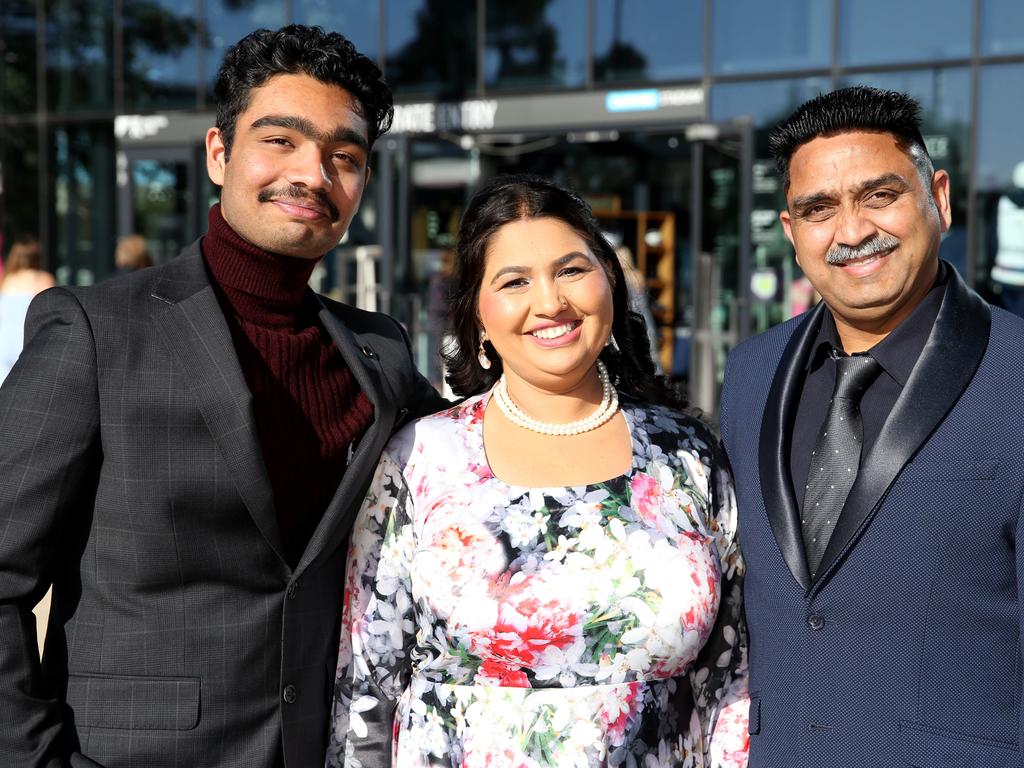 Geelong High graduation at GMHBA Stadium. Keshav, Mamtash and Vijay Saini. Picture: Mike Dugdale