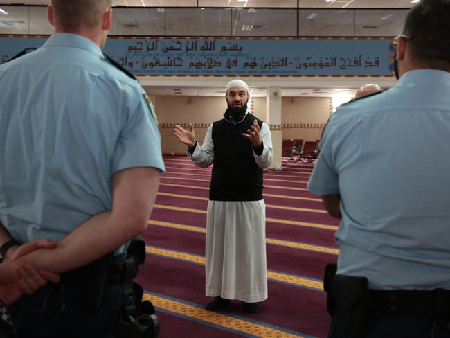 New Campsie Police Officers, start their first day at Campsie LAC by meeting the sheikh Wesam Charkawi and LMA Community Liaison Officer Gandhi Sindyan at Lakemba Mosque.