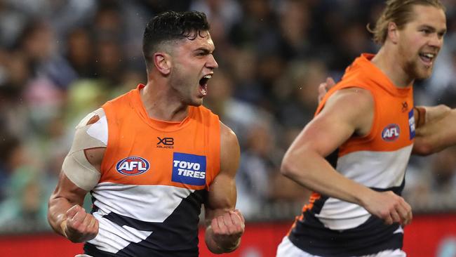 Giants Tim Taranto celebrates goal during the AFL Preliminary Final Picture. Phil Hillyard