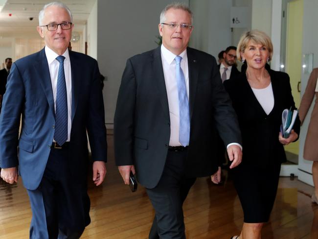 Mr Turnbull, Mr Morrison and Julie Bishop walk to the House of Representatives Chamber this morning after losing support of Mathias Cormann. Picture: Ray Strange.