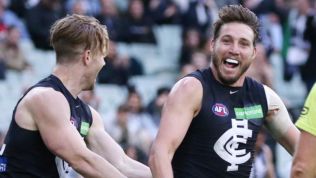 Carlton's Dale Thomas celebrates his final-term goal against Collingwood — a highlight for Sam Edmund. Picture: George Salpigtidis