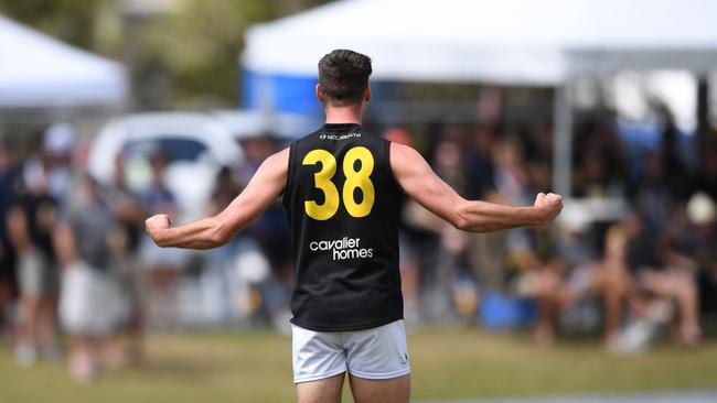 QAFL Reserves Grand Final 2021. Labrador Tigers v Morningside Panthers. Tigers player Patrick Turner celebrates a goal. Photo: Deion Menzies