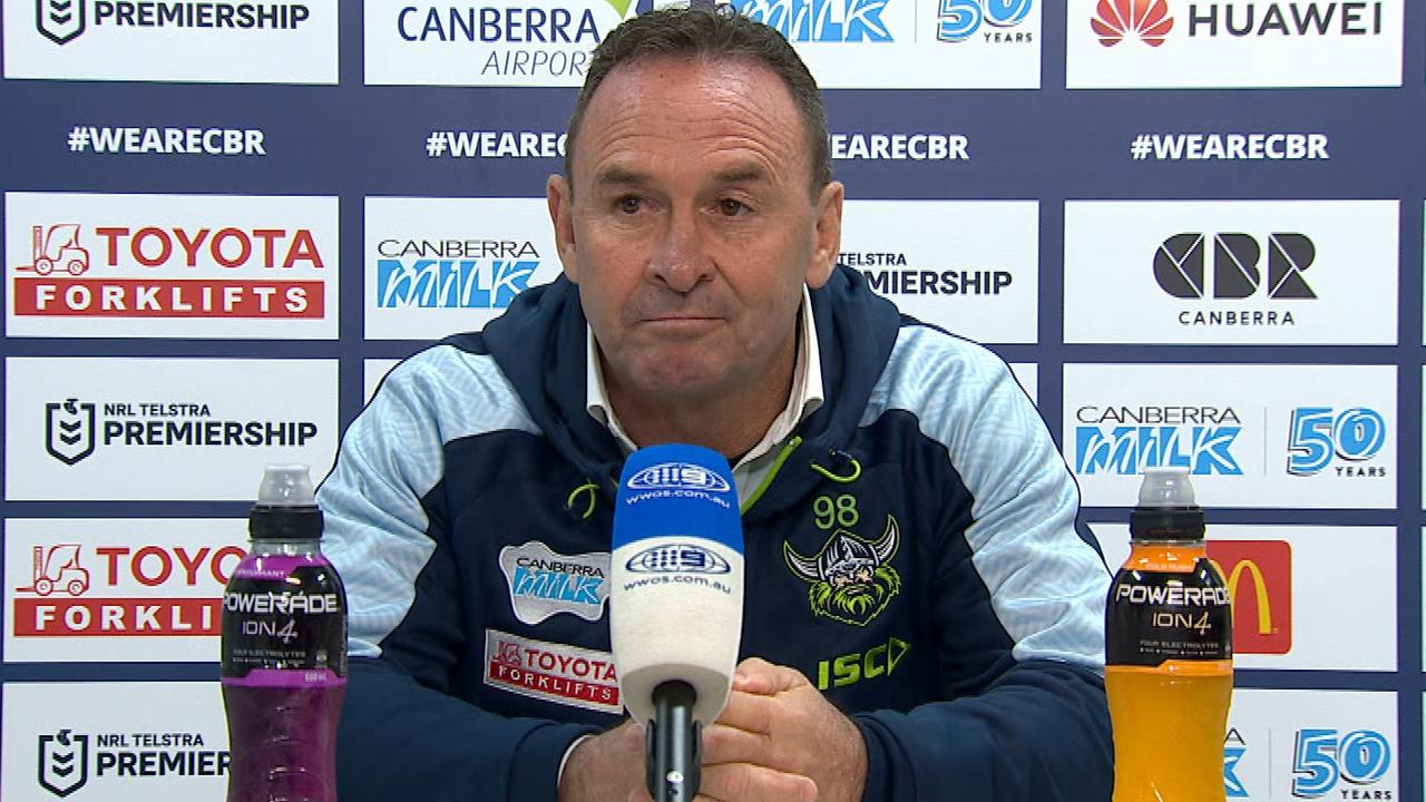 Raiders coach Ricky Stuart was not happy about some calls in his side's loss.