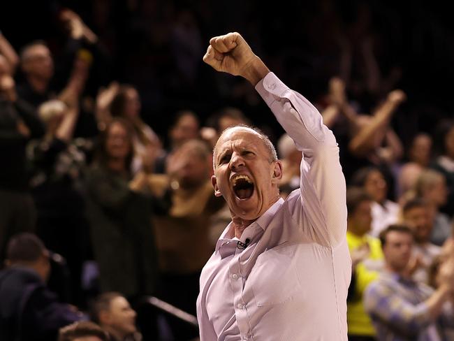 WOLLONGONG, AUSTRALIA - JUNE 01:  Brian Goorjian head coach of the Hawks celebrates victory during the round 21 NBL match between the Illawarra Hawks and the Perth Wildcats at WIN Entertainment Centre, on June 01, 2021, in Wollongong, Australia. (Photo by Mark Kolbe/Getty Images)
