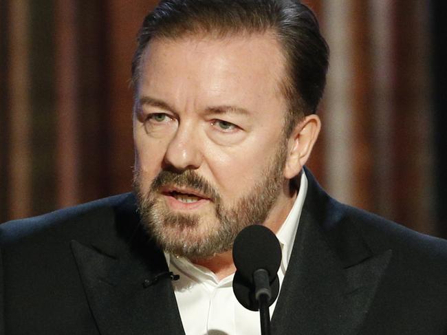 BEVERLY HILLS, CALIFORNIA - JANUARY 04: In this handout photo provided by NBCUniversal Media, LLC,  host Ricky Gervais speaks onstage during the 76th Annual Golden Globe Awards at The Beverly Hilton Hotel on January 5, 2020 in Beverly Hills, California. (Photo by Paul Drinkwater/NBCUniversal Media, LLC via Getty Images)