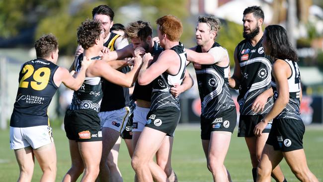 Tempers flare during the Round 14 clash at Alberton Oval. Picture: AAP Image/ Morgan Sette