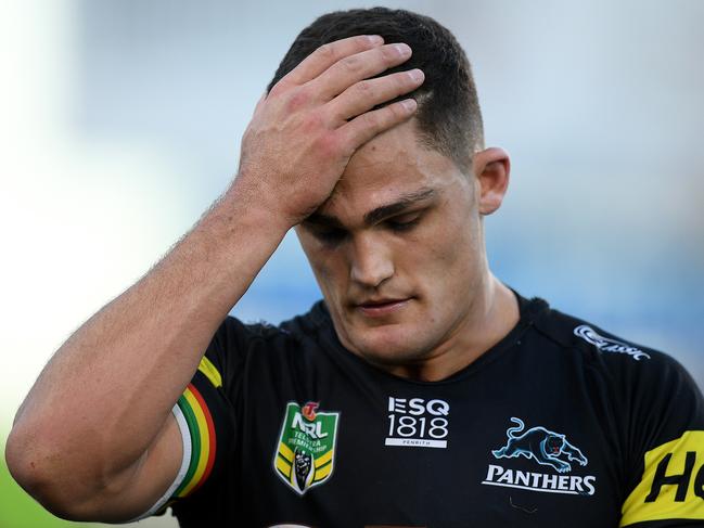 Nathan Cleary of the Panthers reacts after being sent to the sin bin during the Round 16 NRL match between the Penrith Panthers and the Manly-Warringah Sea Eagles at Panthers Stadium in Sydney, Saturday, June 30, 2018. (AAP Image/Dan Himbrechts) NO ARCHIVING, EDITORIAL USE ONLY