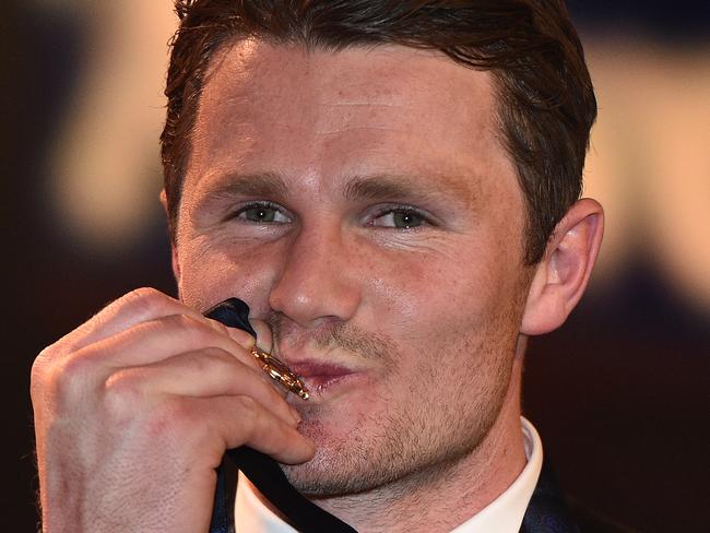 Patrick Dangerfield is seen at the 2016 Brownlow Medal Count at Crown in Melbourne, Monday, Sept. 26, 2016. (AAP Image/Julian Smith) NO ARCHIVING