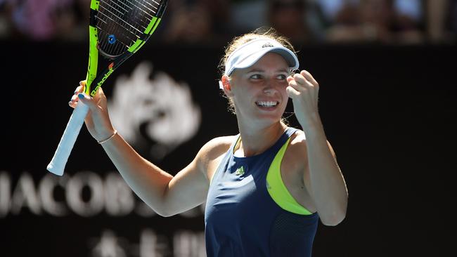 Caroline Wozniacki celebrates her win over Elise Mertens in the semi-final. Picture: AAP