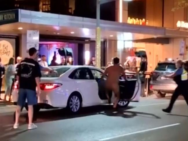 Puhi Clark, 23, the man who went on a naked rampage through a Perth night spot. appeared in the Perth Magistrates Court to face several charges after he tried to carjack an Uber and assault an police officer. Picture: 7News