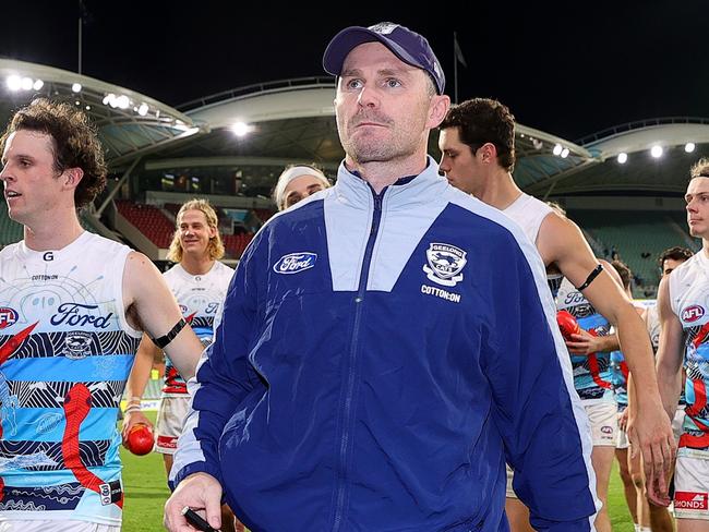 ADELAIDE, AUSTRALIA - MAY 17: An injured Patrick Dangerfield of the Cats leads his team off after the win during the 2025 AFL Round 10 match between Yartapuulti (Port Adelaide Power) and the Geelong Cats at Adelaide Oval on May 17, 2025 in Adelaide, Australia. (Photo by Sarah Reed/AFL Photos via Getty Images)