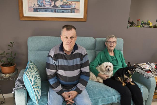 Richard and mum Karin Morris, with their dogs Minnie (left) and Josie, hope the light up the night event will raise awareness of people like Richard who live with Fragile X syndrome (FXS), Monday, July 20, 2020. Picture: Kevin Farmer