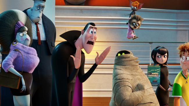 Eunice (Fran Drescher) and Frank (Kevin James), Dracula (Adam Sandler), Murray the Mummy (Keegan-Michael Key), Mavis (Selena Gomez), Jonathan (Andy Samberg)  in Columbia Pictures and Sony Pictures Animation's HOTEL TRANSYLVANIA 3: SUMMER VACATION. SHFG Hotel Transylvania 3: Summer Vacation, supplied.