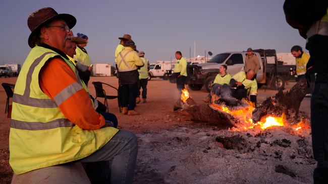 Campsite and campfire for crews working on the Cobb Hwy, near Wilcannia, northwest NSW. Picture: Supplied