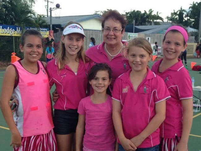 Former Leprechauns president Jill Fowler with her five granddaughters. Abby, Jessica, Courtney, Amy and Elyssa at Cairns Netball. Picture: Supplied