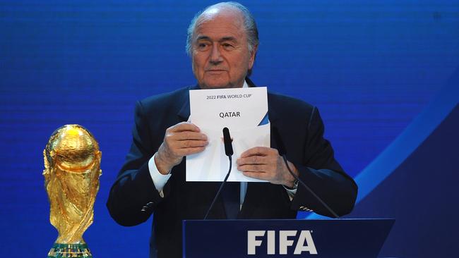 ZURICH, SWITZERLAND - DECEMBER 02: FIFA President Joseph S Blatter names Qatar as the winning hosts of 2022 during the FIFA World Cup 2018 &amp; 2022 Host Countries Announcement at the Messe Conference Centre on December 2, 2010 in Zurich, Switzerland. (Photo by Laurence Griffiths/Getty Images)