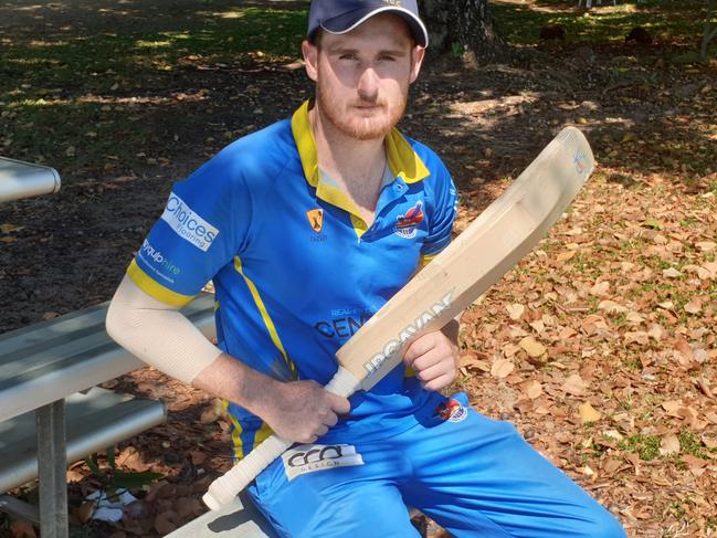 Darwin captain and batting allrounder Luke Shelton relaxes between innings.