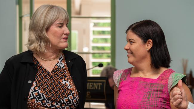 Eva Lawler, left, and her predecessor Natasha Fyles at the swear-in ceremony at Government House in Darwin in December. Picture: Pema Tamang Pakhrin