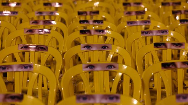 A installation during a demonstration in Tel Aviv on Monday calling for the release of Israeli hostages taken by Palestinian militants in the October 7 attack. Picture: AFP