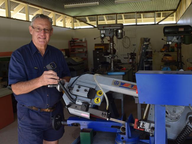 Leith Tebbit at the Dalby Men's Shed cutting the railing for the shed's disability ramp.Photo Georgie Moore / Dalby Herald