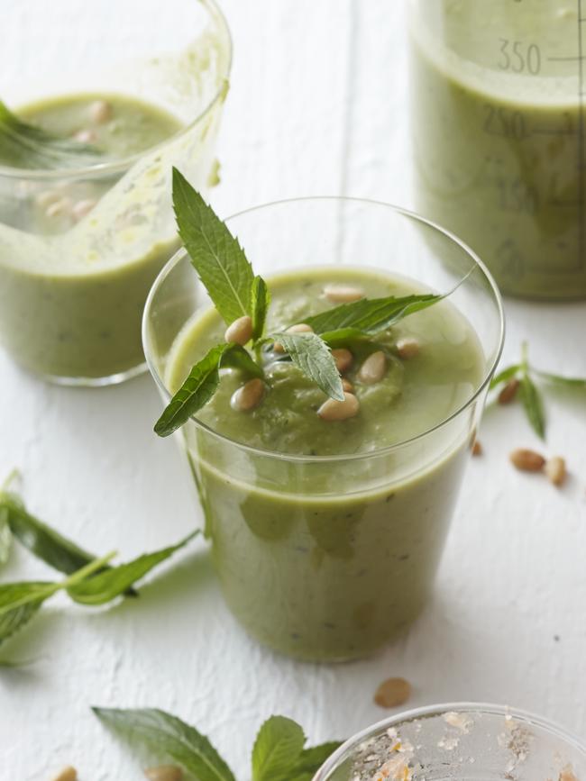 Chilled pea, mint &amp; pine nut soup. Picture: Guy Bailey