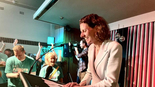 Allegra Spender’s speech at her election party was met with cheers and rounds of applause. Picture: Clare Sibthorpe